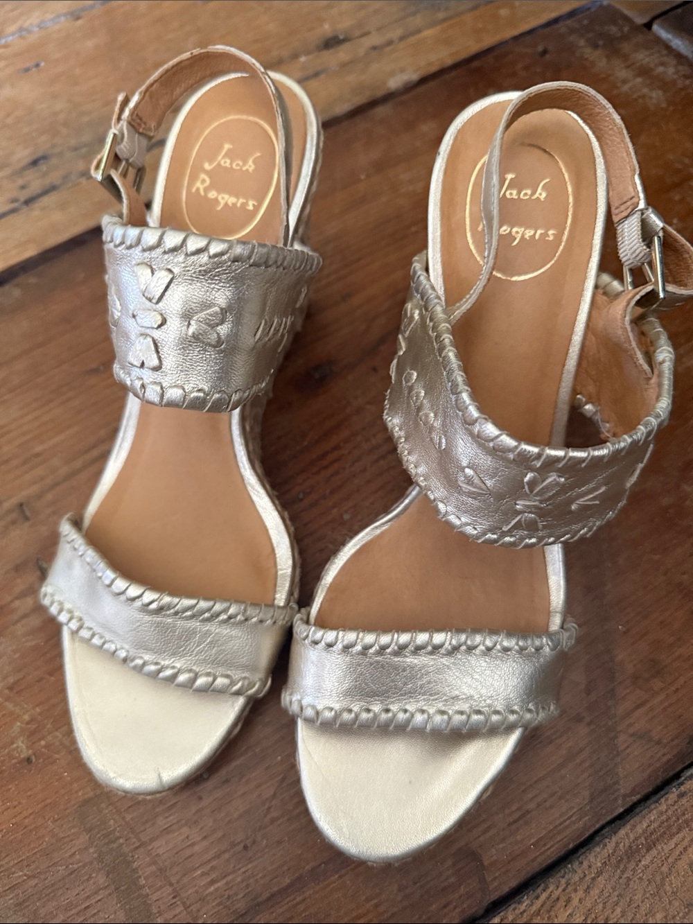 Jack Rogers Metallic Gold Embroidered Leather Slingback Sandals